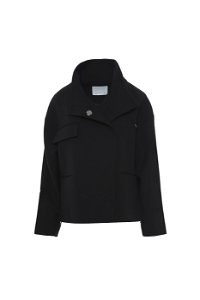 GIZIA - Asymmetric Model Stand-Up Collar Short Black Coat