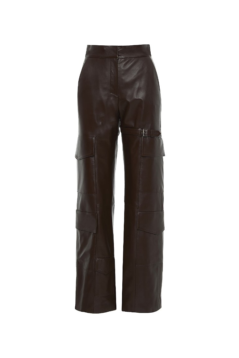 GIZIA - Metal Buckle Detail Cargo Pocketed Straight Leg Brown Leather Pants