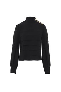 GIZIA - Shoulder Button Detail Layered Stand-Up Collar Black Blouse