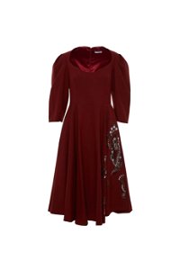 GIZIA - Trok Print Detailed Claret Red Midi Dress