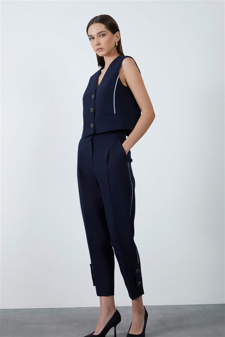 GIZIA - Side Seam Embroidery Detail Buttoned Hem Navy Pants