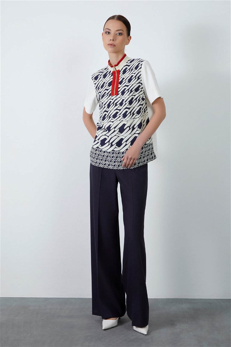 GIZIA - Fermuar Detaylı Yakası Triko Desenli Lacivert Bluz
