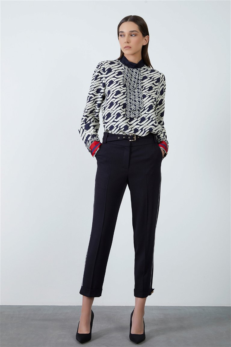 GIZIA - Side Seam Embroidery Detail Belted Navy Pants