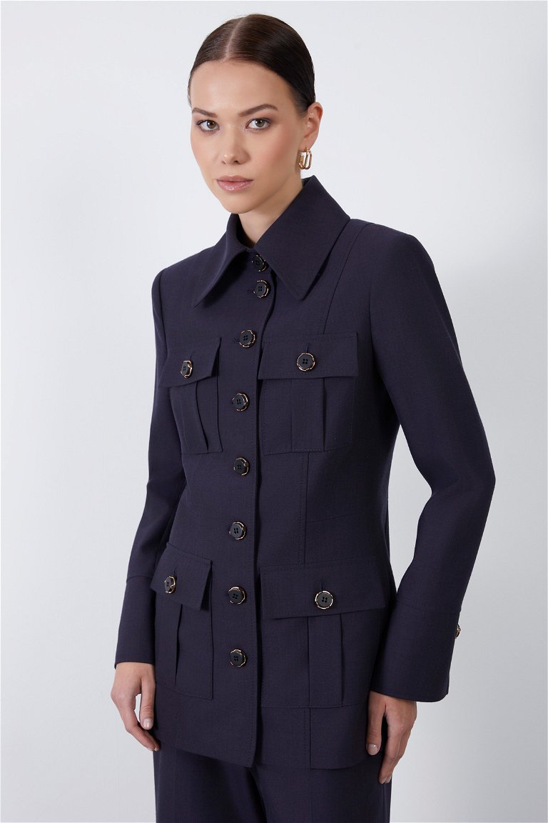 GIZIA - Button Detail Pocketed Long Navy Jacket