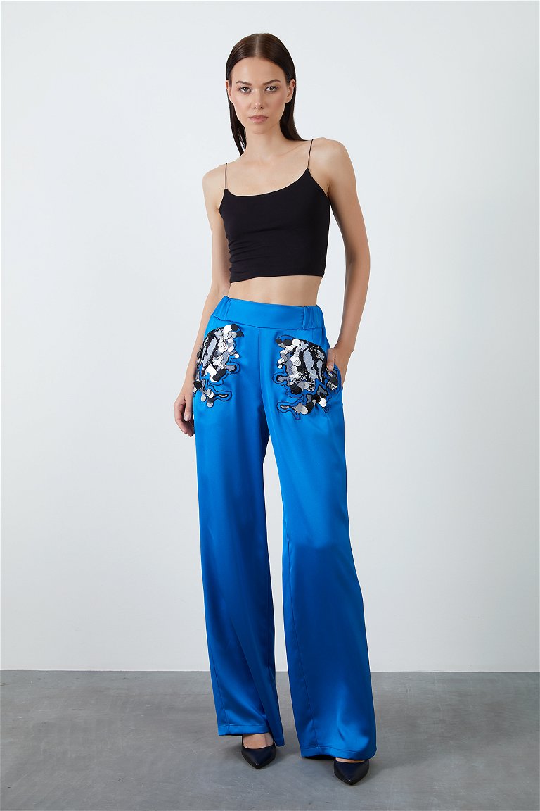 GIZIA - Blue Satin Pants with Embroidery and Sequin Work