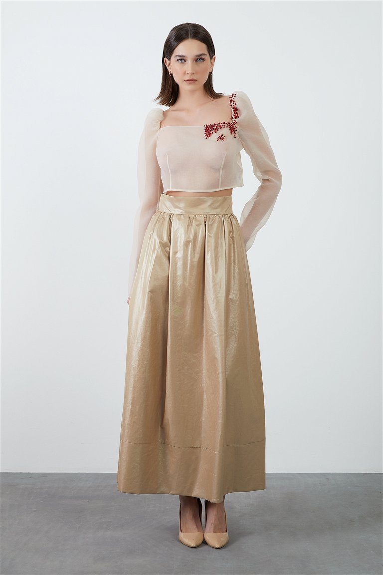 GIZIA - Thick Belt Detail Beige Long Flare Skirt