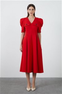 GIZIA - Red Dress with Sleeve Slit and Front Zipper Detail