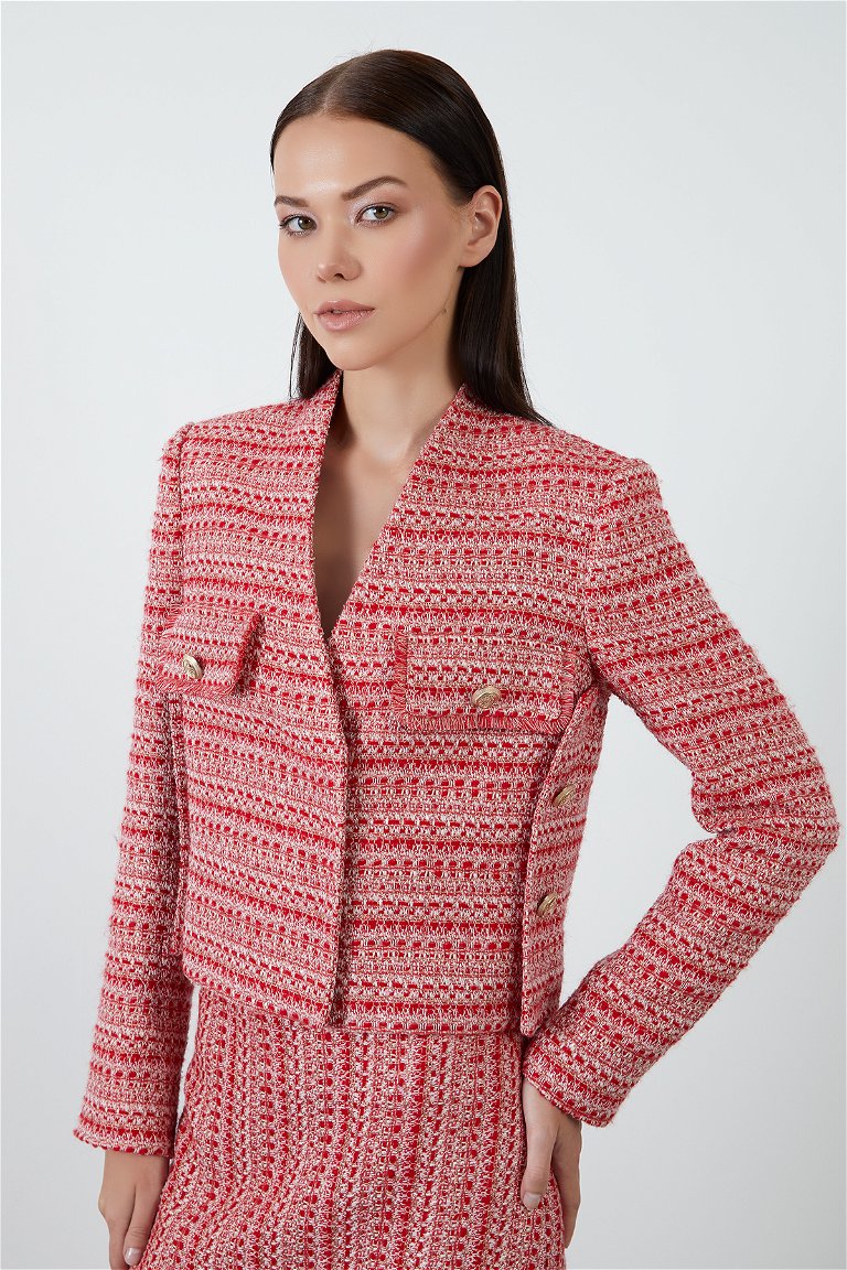 GIZIA - Red Tweed Box-Form Jacket with Pocket Flap Detail