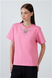 GIZIA SPORT - Basic Pink Tshirt With Collar Embroidered Detail