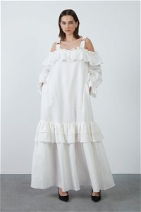 GIZIA - Adjustable Thick Strapped Ruched Long Ecru Linen Dress