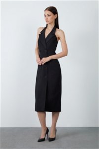 4G CLASSIC - Satin Collar Detailed Off-the-Shoulder Midi Length Black Coat Dress