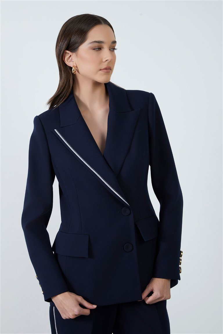 GIZIA - Blue Jacket with Embroidery Detail on Collar