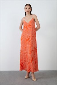 KIWE - Spaghetti Strap Chiffon Patterned Orange Long Dress