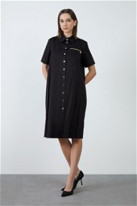 KIWE - Shirt Collar Double-Sleeved Black Cotton Dress