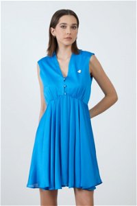 KIWE - V-Neck Heart Brooch Detail Blue Mini Dress