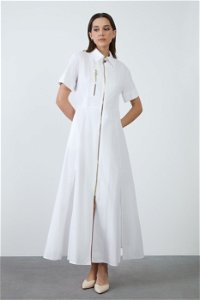 KIWE - Gömlek Yakalı Maxi Boy Beyaz Pamuk Elbise