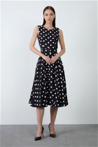 KIWE - Sleeveless Polka Dot Patterned Black Midi Length Dress With Wide Collar