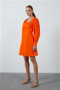 KIWE - Orange Mini Dress With Heart Collar Watermelon Sleeve Detail Daisy Printed Brooch
