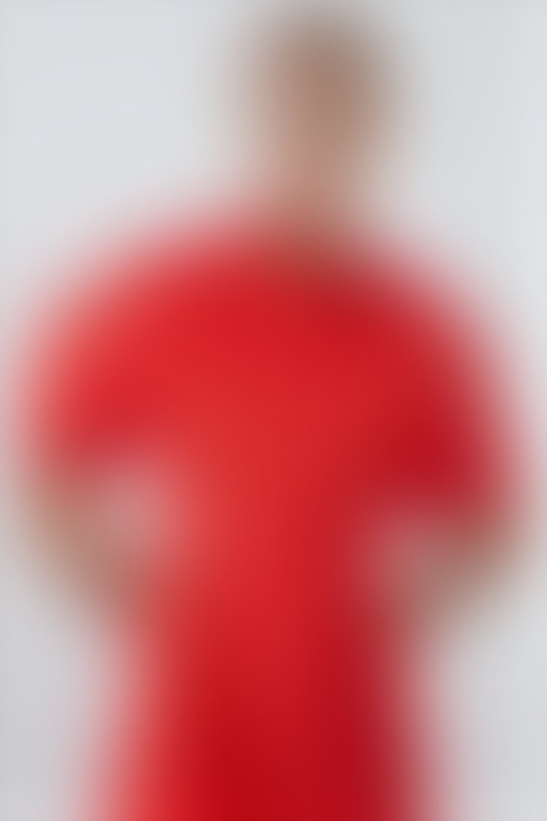 Gold Fermuar Detaylı Kolları Çıtçıtlı Açılan Gömlek Yakalı Maxi Boy Kırmızı Pamuk Elbise