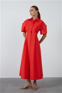 KIWE - Shirt Collar Maxi Length Red Cotton Dress