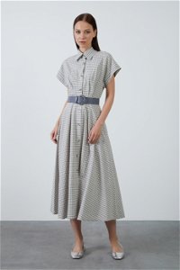 KIWE - Geometric Maxi Shirt Collar Short-Sleeved Gray Dress