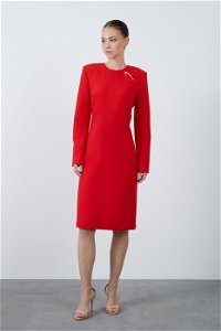 GIZIA CLASSIC - Uzun Kollu Cepli Midi Boy Kalem Kırmızı Elbise