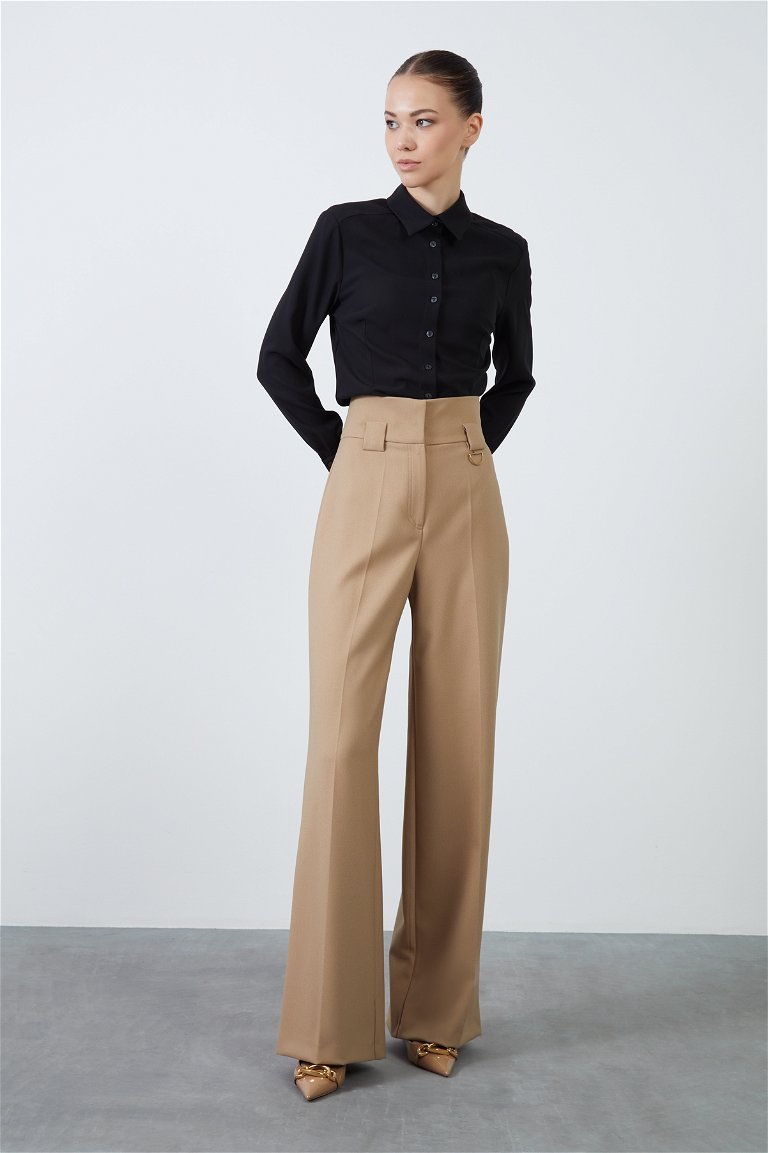 GIZIA CLASSIC - Ekstra Yüksel Belli Geniş Paçalı Kahverengi Pantolon