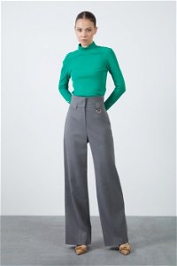 GIZIA CLASSIC - Ekstra Yüksel Belli Geniş Paçalı Gri Pantolon