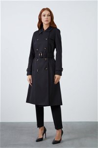 GIZIA CLASSIC - Double Breasted Button Closure Front Slit Back Belted Pocketed Full-Cut Cotton Black Trench Coat
