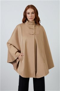 GIZIA CLASSIC - Buckle Detail Hooded Cotton Brown Trenchcoat Inspired from Poncho