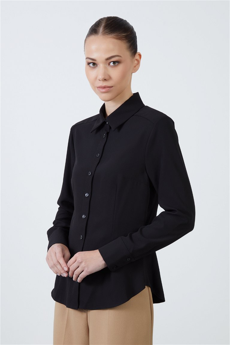 GIZIA CLASSIC - Dökümlü Uzun Kollu Basic Siyah Bluz