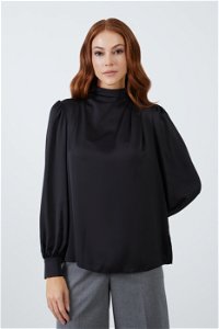 GIZIA CLASSIC - One-Sided Slit Detailed Side-Slit Stand-Up Collar Black Satin Blouse