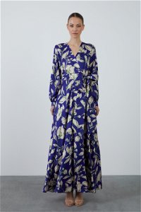 KIWE - Beli Kuşak Bağlamalı Kontrast Desenli Lacivert Uzun Elbise