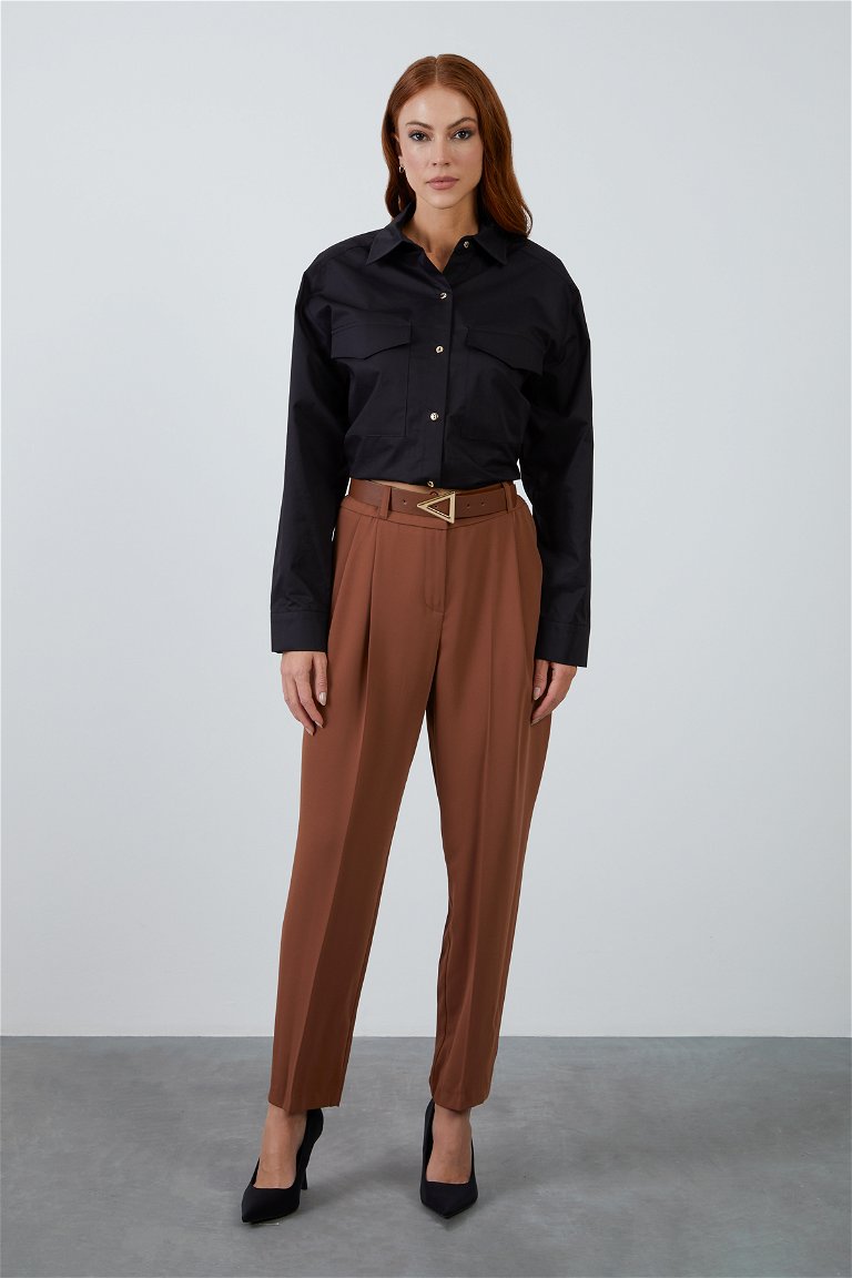KIWE - Pleated Brown Carrot Trousers with Leather Belt Accessories