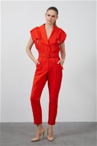 GIZIA - Accessories and Pearl Button Detailed Belted Red Jumpsuit