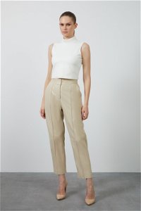 GIZIA - Cream Color Leather Trousers With Front Stitching Detail