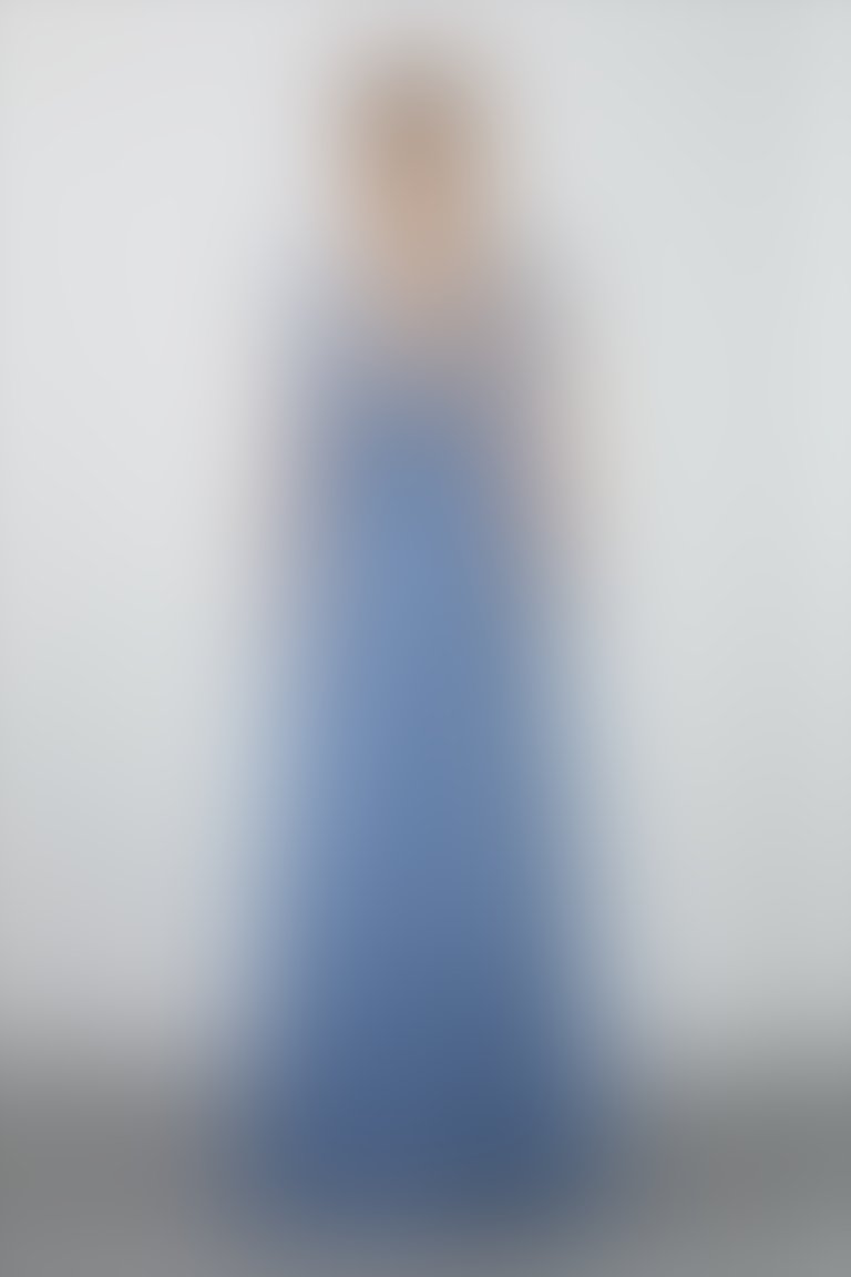 Patterned Blue V-neck Long Dress