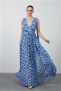 GIZIA - Patterned Blue V-neck Long Dress