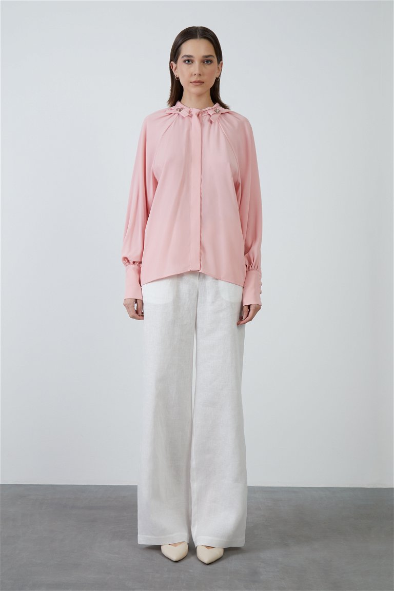 GIZIA - Pleated Collar Ribbed Pink Shirt