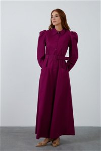 KIWE - Belt-Detailed Pocketed Long Burgundy Dress