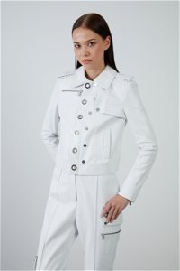 GIZIA - Kontrast Kürk Detaylı Beyaz Oversize Biker Ceket