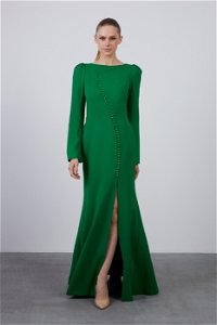 GIZIA - Button Detail Upper Sleeve Ruched Slit Mermaid Shape Long Green Dress