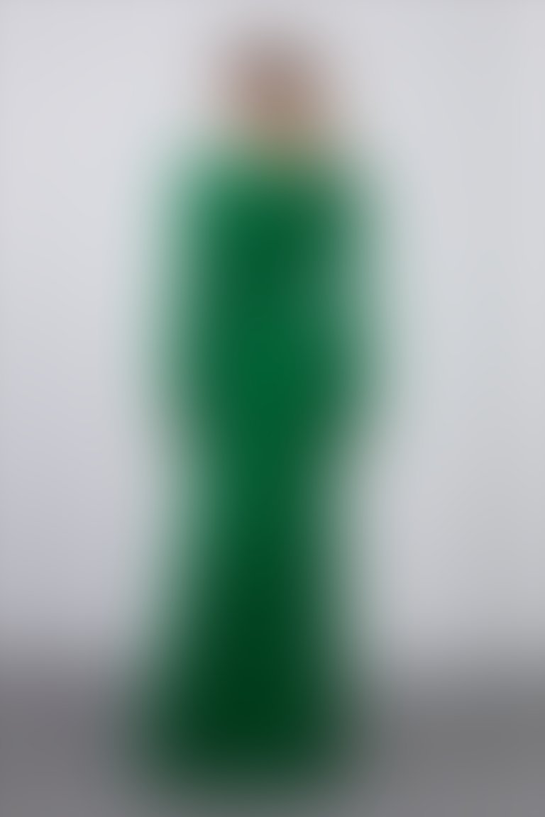 Düğme Detaylı Kol Üstü Büzgülü Yırtmaçlı Balık Form Yeşil Uzun Elbise