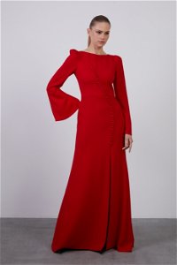 GIZIA - Button Detail Upper Sleeve Ruched Slit Mermaid Shape Long Red Dress