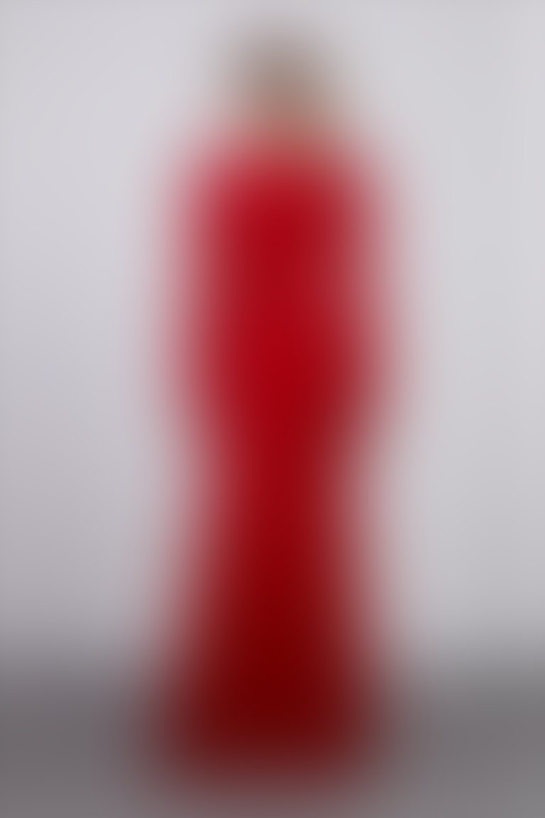 Düğme Detaylı Kol Üstü Büzgülü Yırtmaçlı Balık Form Kırmızı Uzun Elbise
