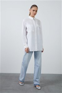 GIZIA - Pocket Flap Nerve Detail Long White Poplin Shirt