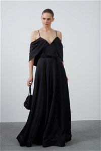 GIZIA - Embroidered Bag and Belt Detail Strappy Black Long Dress