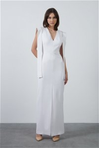 GIZIA - Long Ecru Dress with Shoulder Embroidery and Front Slit