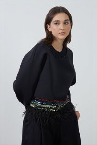 GIZIA - Skirt Hem Feather Detailed Sequin Embellished Collar Embroidered Black T-Shirt