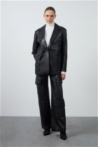 GIZIA - Sleeve Buckle Detail Multi-Pocketed Black Leather Jacket